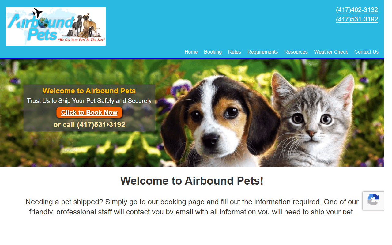 Airbound Pets pet shipping homepage screenshot