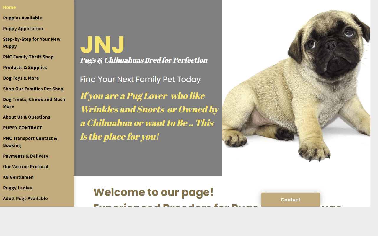 JNJ Pugs N Paps breeder homepage screenshot