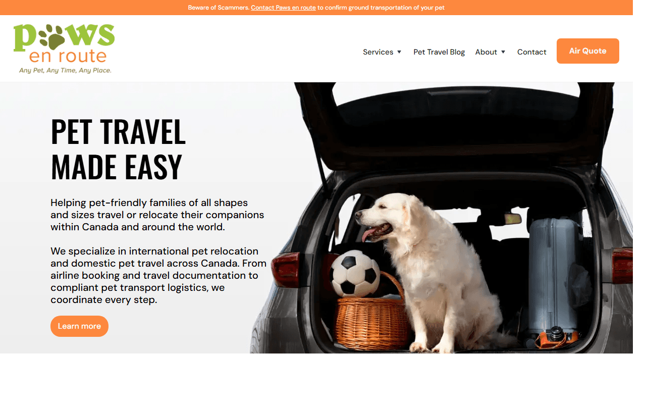 Paws en route pet transport homepage screenshot